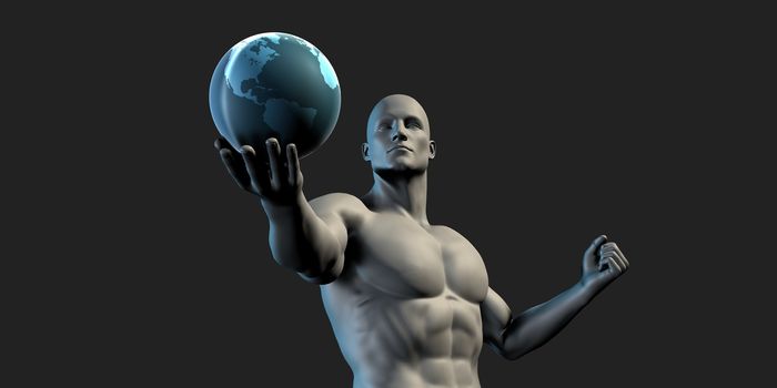Man Holding Globe with Technology Abstract Background