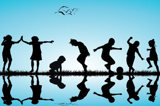 Group of children silhouettes playing outdoor