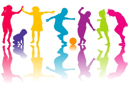 Set of silhouettes of colored children playing