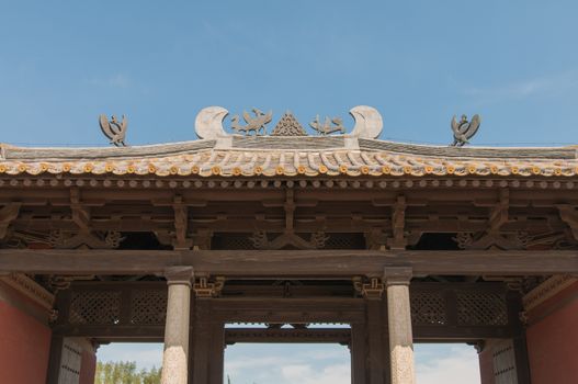 The horizontal view of the Chinese temple gate