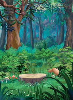 Old tree stump and mushrooms in a summer forest. Digital Painting Background, Illustration in cartoon style character.