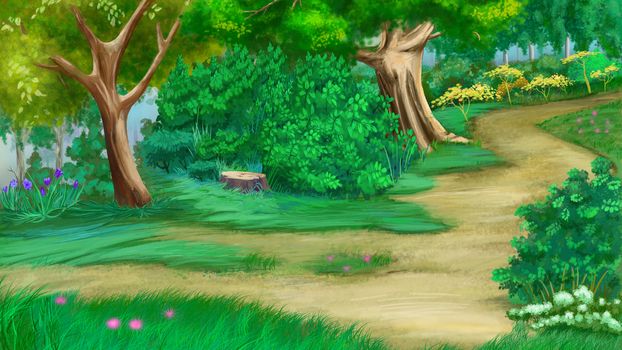 Trees, Flowers and Old Stump  Near a Footpath in a Green Summer Forest. Digital Painting Background, Illustration in cartoon style character.