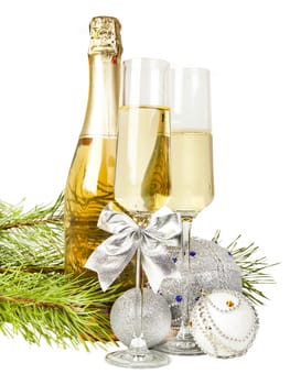 Champagne with two glasses and new year composition 2017 isolated on white