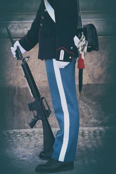 Danish Royal Life Guard on the central plaza of Amalienborg palace, home of the Danish Royal family in Copenhagen, Denmark