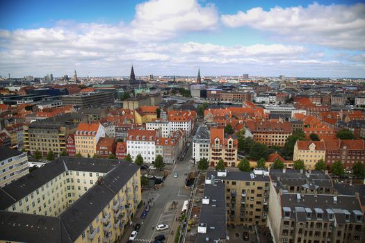 Panoramic view of Copenhagen from church Vor Frelsers Kirke in Copenhagen, Denmark