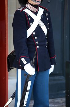 Danish Royal Life Guard on the central plaza of Amalienborg palace, home of the Danish Royal family in Copenhagen, Denmark