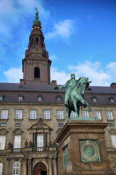 The equestrian statue of King Frederik VII in front of the Christiansborg Palace in Copenhagen, Denmark