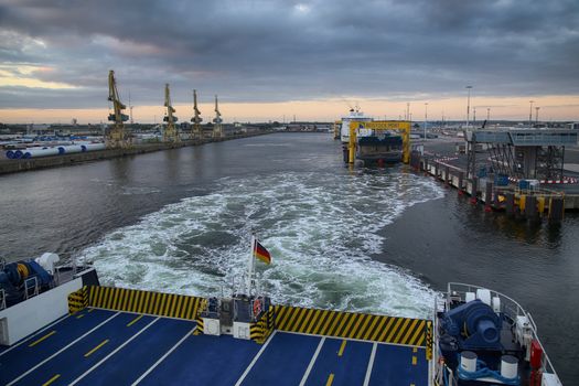 ROSTOCK, GERMANY - AUGUST 14, 2016: Shipping line rostock-gedser ferry in the seaport of Rostock. Rostock is Germany's largest Baltic port in Rostock, Germany on August 14, 2016.