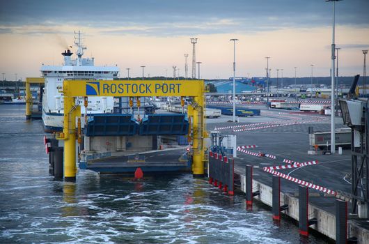 ROSTOCK, GERMANY - AUGUST 14, 2016: Shipping line rostock-gedser ferry in the seaport of Rostock. Rostock is Germany's largest Baltic port in Rostock, Germany on August 14, 2016.