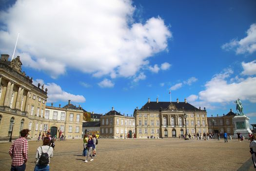 Copenhagen, Denmark – August  15, 2016: Sculpture of Frederik V on Horseback in Amalienborg Square, it's home of the Danish Royal family in Copenhagen, Denmark