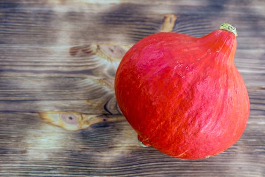 Red orange pumkin with hard rind laying diagonally on dark brown wooden background