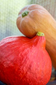 Red orange pumkin with hard rind laying diagonally on dark brown wooden background