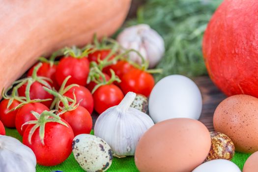 Bright Thanksgiving harvest composition of vegetables pumkin, calabash, tomatoes, garlic, eggs