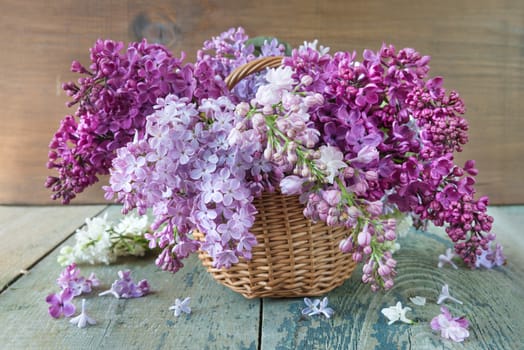 Lush multicolored bouquet of lilac flowers in a basket on a dark wooden background