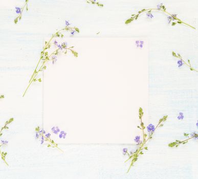 Scrapbooking page of wedding or family photo album, frame with fresh blue flowers on light wooden background; top view, flat lay, overhead view