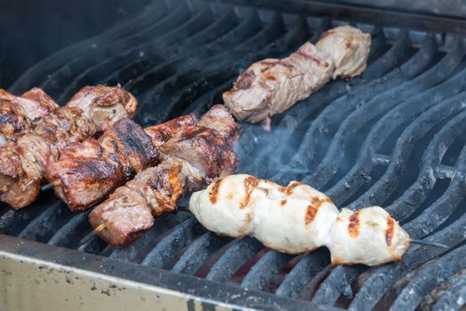 the juicy hot shish kebab on the grill