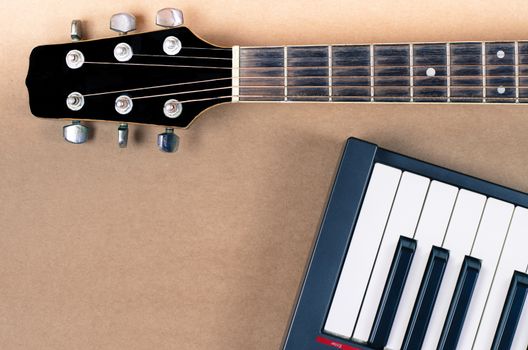 Electric guitar and keyboard  musical close-up  isoled