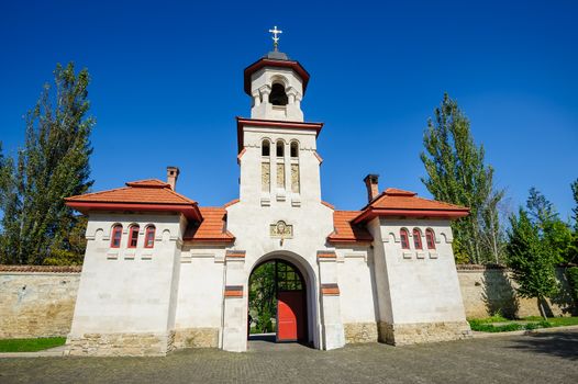 Entrance gates with bell tower, at Curchi Orthodox Christian Monastery, Moldova