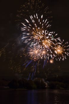 Brightly colorful fireworks and salute of various colors in the night sky background