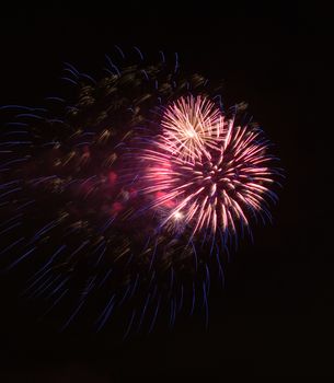 Brightly colorful fireworks and salute of various colors in the night sky background