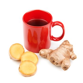 ginger root and a cup of tea isolated on white background