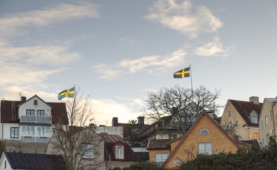 Swedish Flags in Visby, Gotland in Sweden.