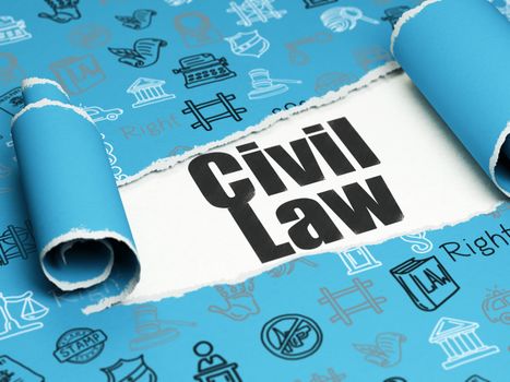 Law concept: black text Civil Law under the curled piece of Blue torn paper with  Hand Drawn Law Icons, 3D rendering