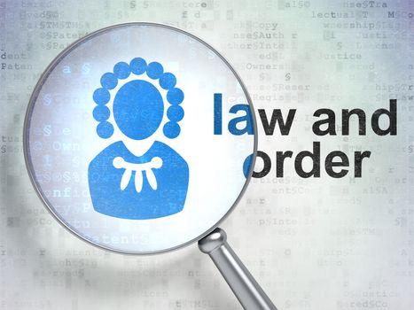 Law concept: magnifying optical glass with Judge icon and Law And Order word on digital background, 3D rendering