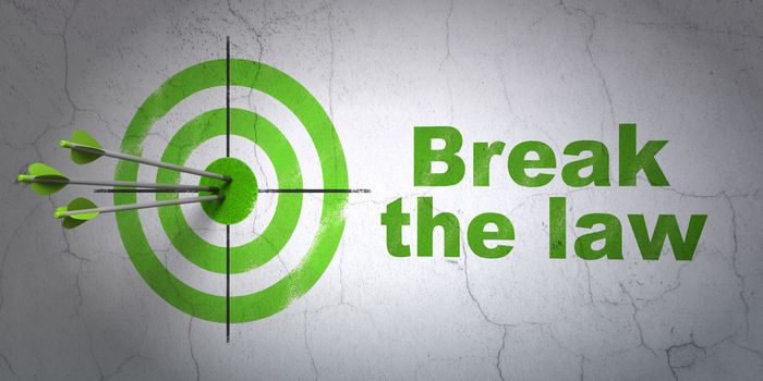 Success law concept: arrows hitting the center of target, Green Break The Law on wall background, 3D rendering