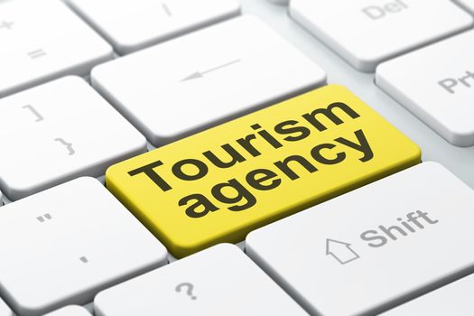 Tourism concept: computer keyboard with word Tourism Agency, selected focus on enter button background, 3D rendering