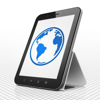 Science concept: Tablet Computer with blue Globe icon on display, 3D rendering