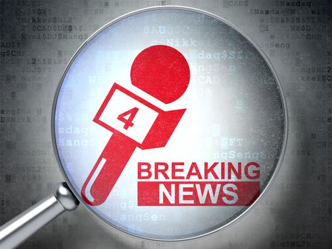 News concept: magnifying optical glass with Breaking News And Microphone icon on digital background, 3D rendering