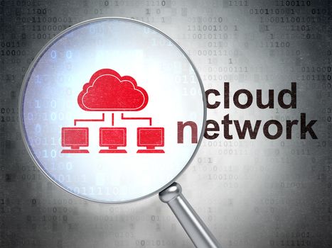 Cloud technology concept: magnifying optical glass with Cloud Network icon and Cloud Network word on digital background, 3D rendering