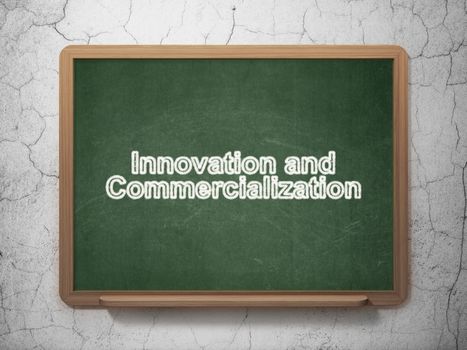 Science concept: text Innovation And Commercialization on Green chalkboard on grunge wall background, 3D rendering
