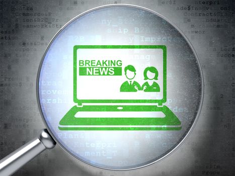 News concept: magnifying optical glass with Breaking News On Laptop icon on digital background, 3D rendering