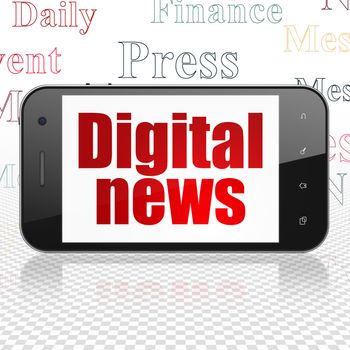 News concept: Smartphone with  red text Digital News on display,  Tag Cloud background, 3D rendering