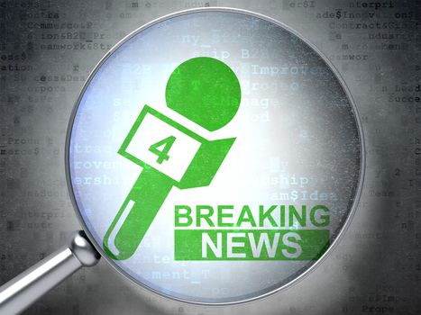 News concept: magnifying optical glass with Breaking News And Microphone icon on digital background, 3D rendering