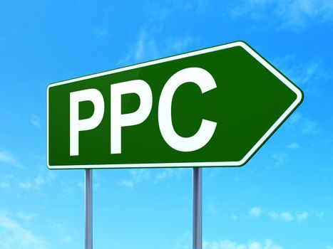 Advertising concept: PPC on green road highway sign, clear blue sky background, 3D rendering