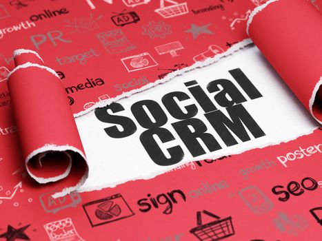 Marketing concept: black text Social CRM under the curled piece of Red torn paper with  Hand Drawn Marketing Icons, 3D rendering