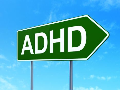 Healthcare concept: ADHD on green road highway sign, clear blue sky background, 3D rendering