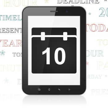 Timeline concept: Tablet Computer with  black Calendar icon on display,  Tag Cloud background, 3D rendering