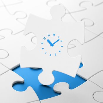 Timeline concept: Clock on White puzzle pieces background, 3D rendering