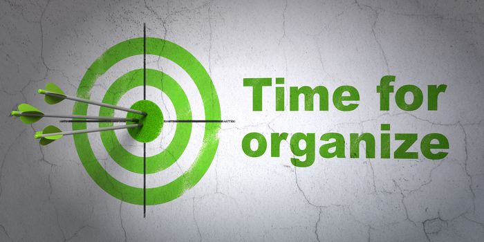 Success time concept: arrows hitting the center of target, Green Time For Organize on wall background, 3D rendering