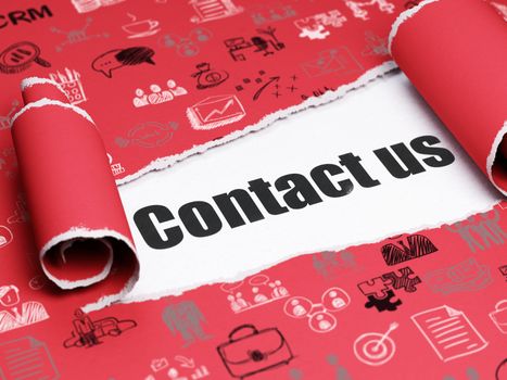 Business concept: black text Contact us under the curled piece of Red torn paper with  Hand Drawn Business Icons, 3D rendering
