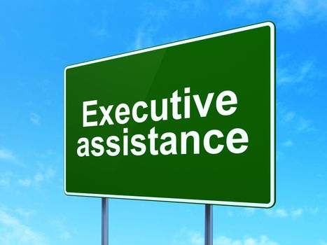 Finance concept: Executive Assistance on green road highway sign, clear blue sky background, 3D rendering