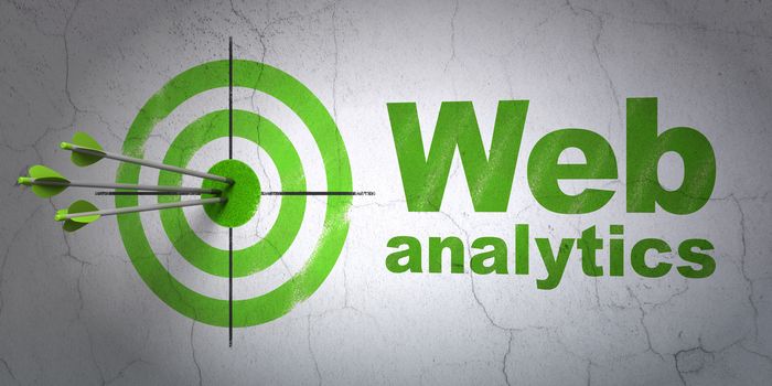 Success web development concept: arrows hitting the center of target, Green Web Analytics on wall background, 3D rendering