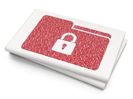 Business concept: Pixelated red Folder With Lock icon on Blank Newspaper background, 3D rendering
