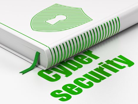 Protection concept: closed book with Green Shield With Keyhole icon and text Cyber Security on floor, white background, 3D rendering