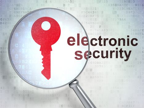 Security concept: magnifying optical glass with Key icon and Electronic Security word on digital background, 3D rendering