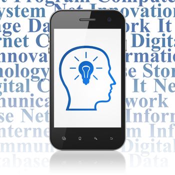 Information concept: Smartphone with  blue Head With Lightbulb icon on display,  Tag Cloud background, 3D rendering